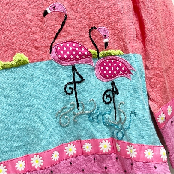 JACK B QUICK Women’s Pink Cardigan Flamingo Palm Trees Tropical Beads Sequins - Picture 8 of 11